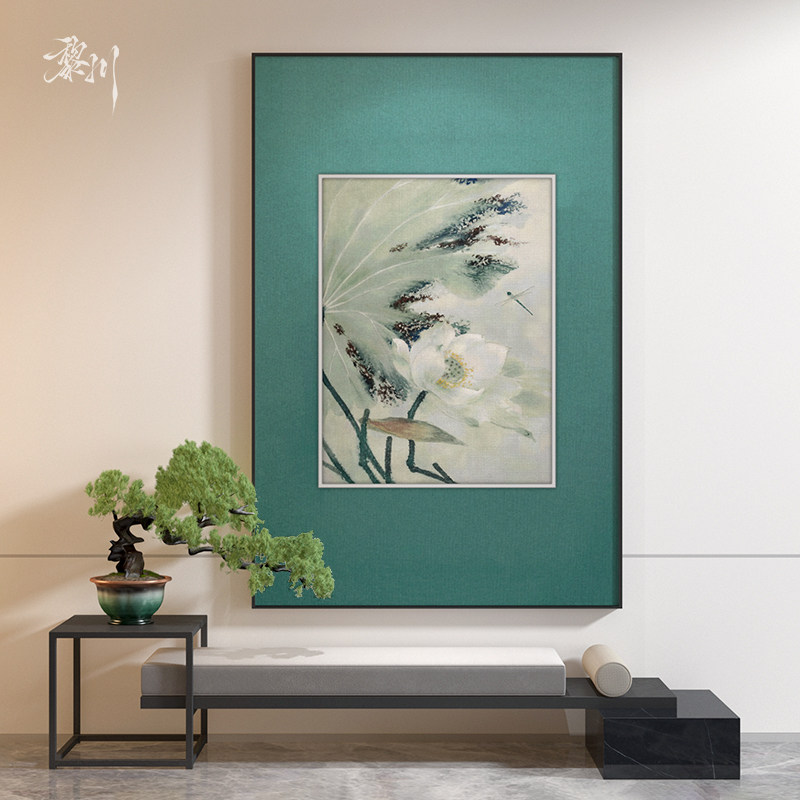 《荷蜓》禅意国风青底水墨白荷蜻蜓装饰画茶室卧室清雅竖版挂画
