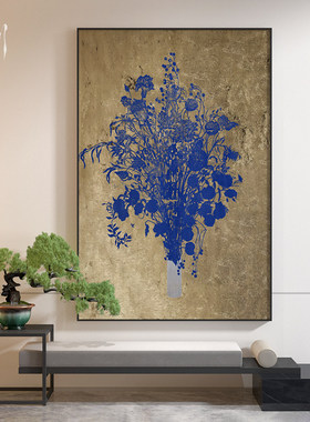新中式轻奢蓝色植物高级感茶室客厅卧室装饰画玄关背景墙壁画挂画