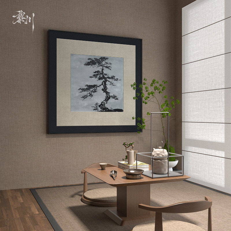 新中式黑色中国风松树进门玄关客厅茶室装饰画背景墙壁画方形挂画