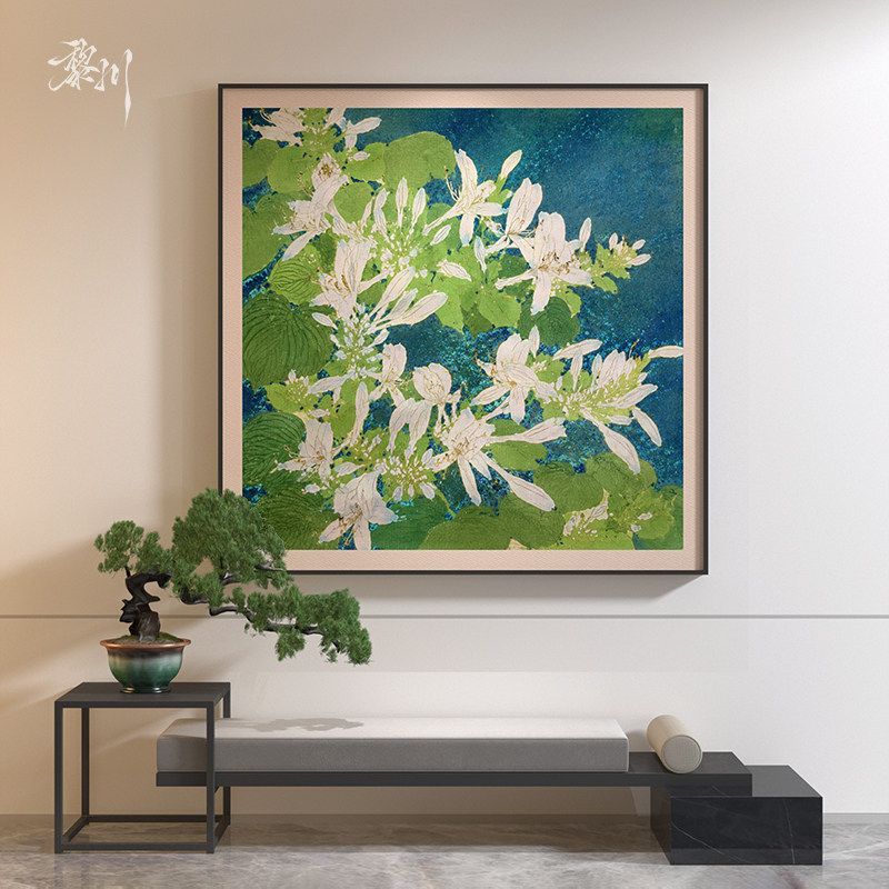 《碧繁》新中式蓝底白花绿叶雅致轻奢清新餐厅背景墙艺术装饰画