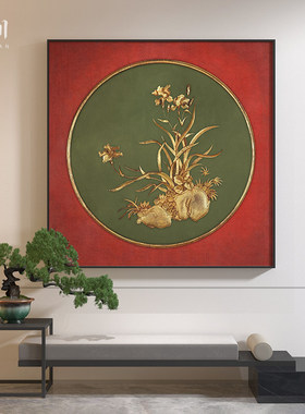 新中式红色金色兰花高级感茶室酒店玄关客厅装饰画壁画方形挂画