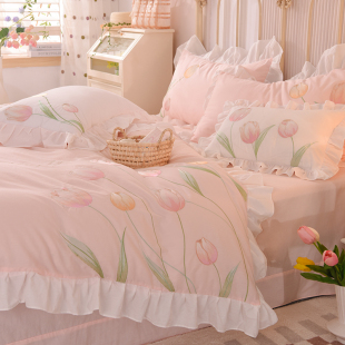 春夏粉色全棉100水洗棉刺绣公主风床上四件套被套床单床裙款