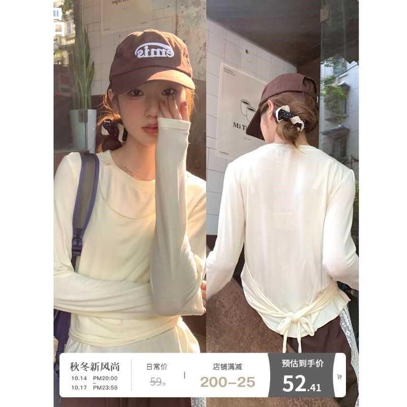 芝士兔 假两件长袖T恤早秋女2024新款设计感收腰圆领内搭显瘦