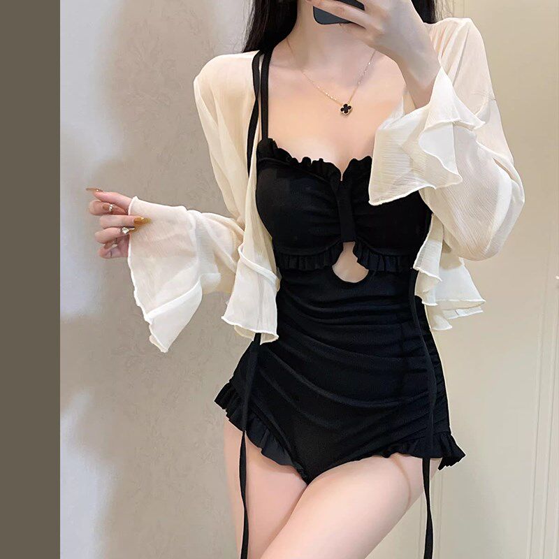 黑色高级感辣妹连体2025新款泳衣女小胸两件套遮肚纯欲长袖带罩衫