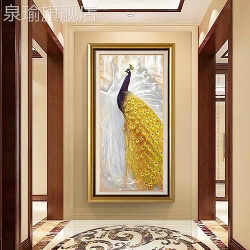 网红欧式入户玄关装饰q画雀现代约大进门壁画竖版走廊过道气孔玄