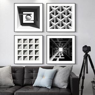 现代简约几何黑白建筑摄影玻璃有框装饰画ins风餐厅卧室挂画欧式
