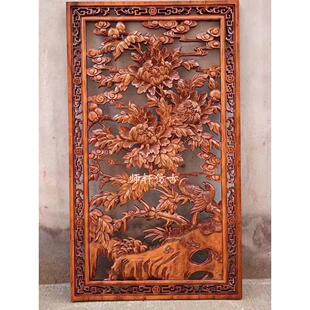 东阳木雕花开 富贵牡丹鸟雕花板实木玄关悬吊式天花板隔断背景墙