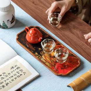 复古大漆树脂干泡盘小型茶室家用茶托盘长方形实木手工手绘干泡台