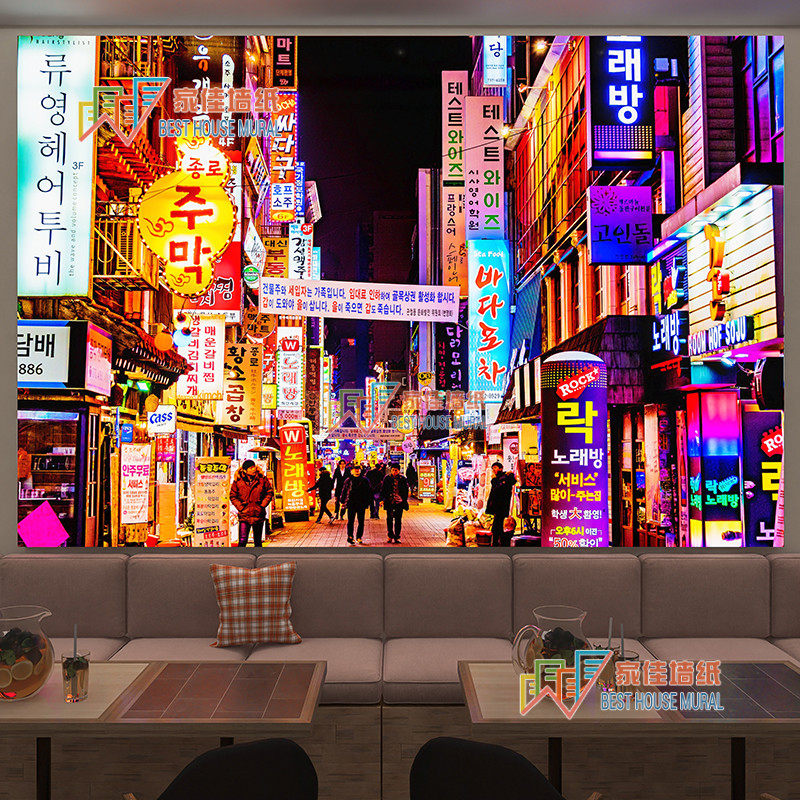 韩式街景料理店韩国烤肉店装饰画广告招H牌韩文发光卡布uv软膜灯