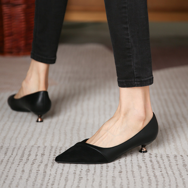 工作鞋女黑色百i搭低跟高跟鞋女细跟3cm厘米职业礼仪尖头浅口单鞋