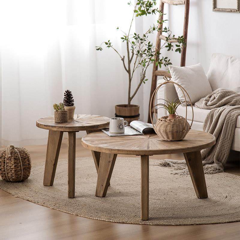 旧松木圆桌茶几覆古做旧实木侘寂民宿咖啡厅客厅自然风化纹理茶台