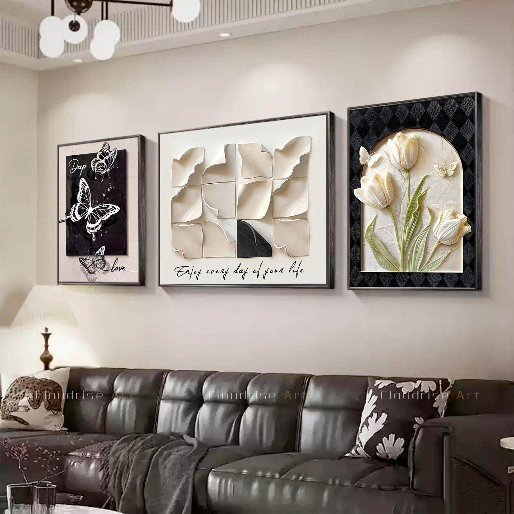 客厅装饰画现代简约高级感大气花卉沙发背景挂画轻奢法式三联壁画