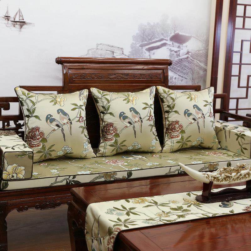 新中式花鸟红实木家俱沙发坐垫靠垫抱枕罗汉床餐椅垫海绵防滑定制