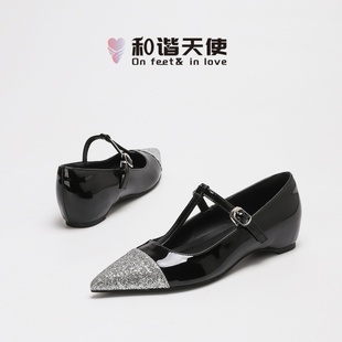 女T字带平底百搭单鞋 love小香风尖头内增高玛丽珍鞋 feet&