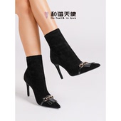 feet& love法式 时尚 气质金属尖头绒面弹力靴女细高跟瘦瘦靴