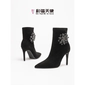 性感时尚 水钻高跟短靴女尖头细跟弹力靴 love新款 法式 feet&