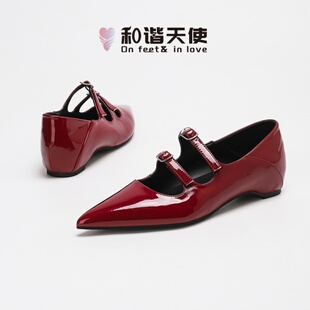 女尖头平底玛丽珍鞋 love柔软漆皮不磨脚内增高单鞋 feet&