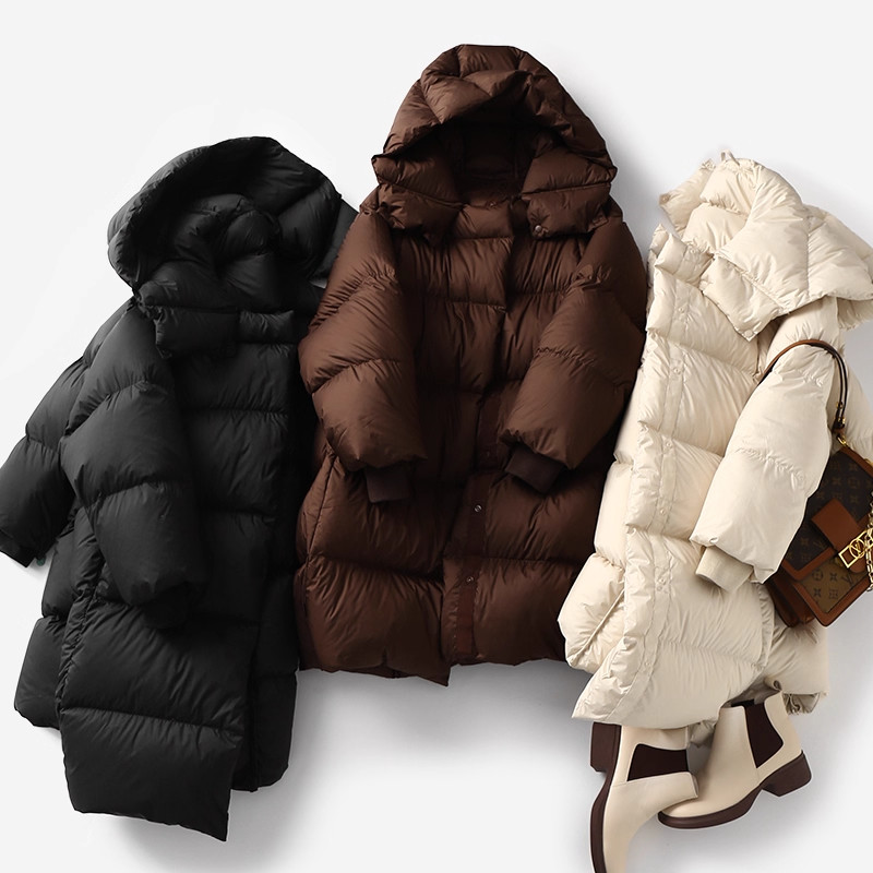 【云朵泡芙】羽绒服女连帽中长款韩系90白鸭绒蓬松加厚保暖面包服