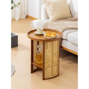 圆形小桌子床头桌置物架 沙发边柜边几角几小茶几客厅家用藤编日式