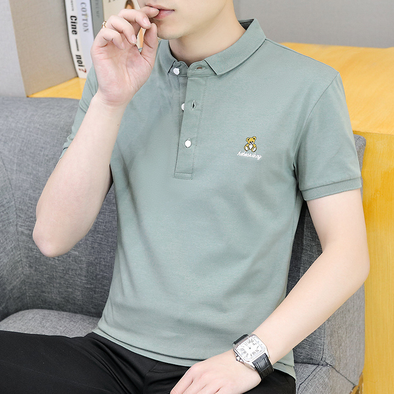 抖音爆款2025夏季新款POLO衫男士纯棉小熊刺绣打底衫修身短袖T恤