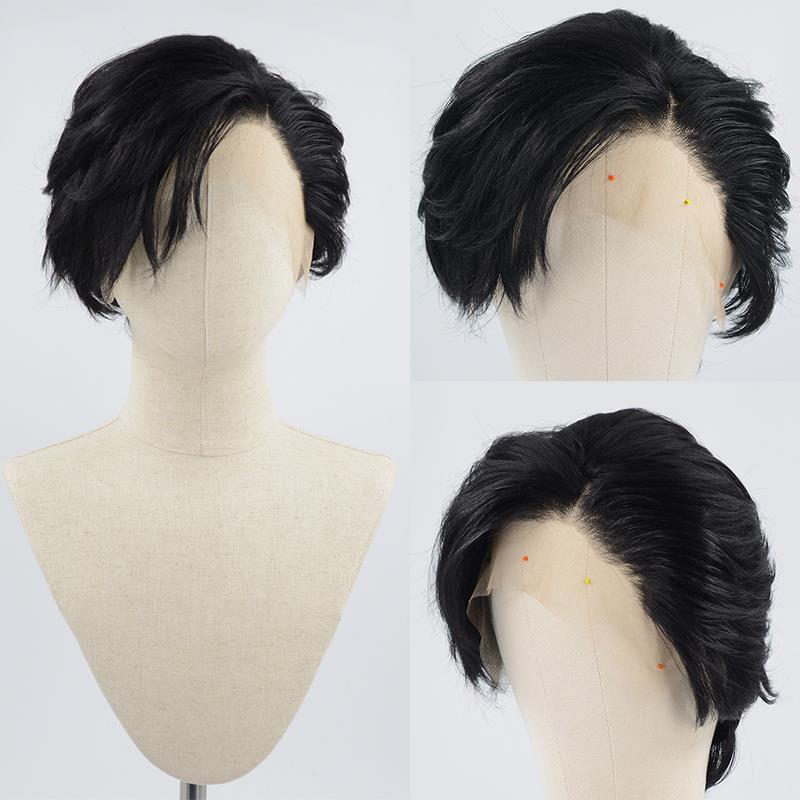 男士短假发纯黑色修剪高温丝手勾发自然发际线整顶假发毛胚背头