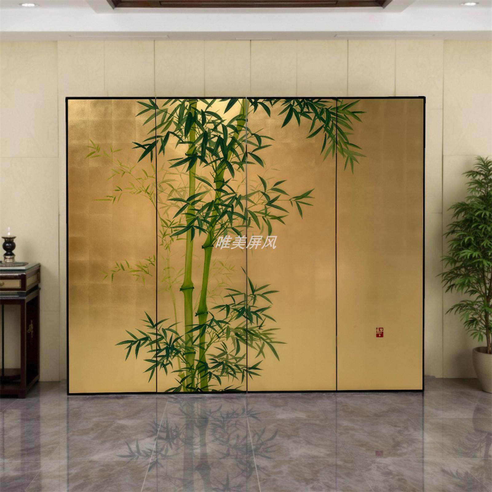 简约手绘金箔屏风隔断金黄色绿竹别墅茶室玄关装饰画竹子水墨漆画