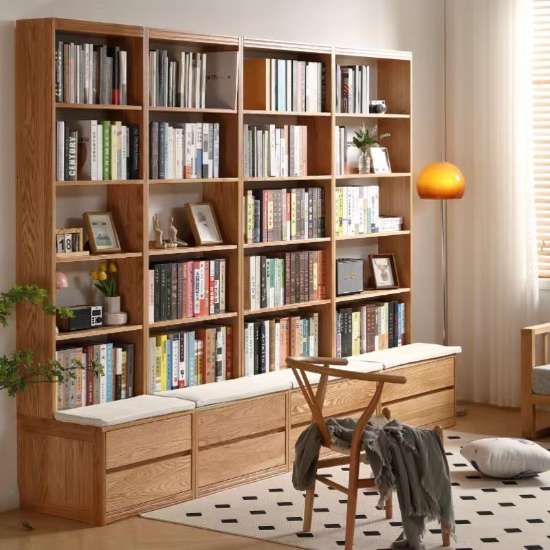 卡座红橡木全实木满墙组合书柜带卡座落地组合展示柜书架整墙北欧