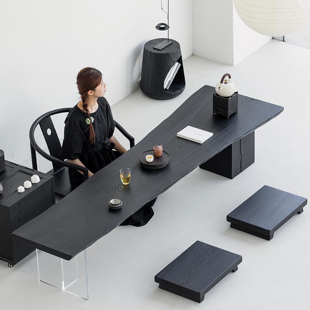 叁几 侘寂风实木茶台茶桌家用茶几榻榻米矮桌碳化白蜡木黑色长桌