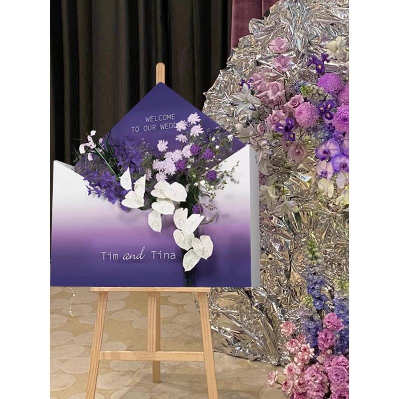 黑色和紫色主题生日派对场景布局高端婚礼信封欢迎卡Kt板定制装饰