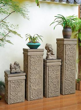 新中式石柱墩底座落地装饰摆件祥云展示柱石柱立柱茶室禅意布置