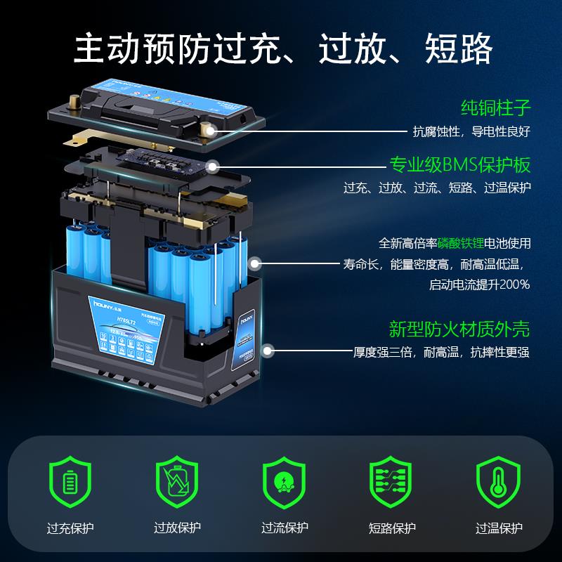houny弘毅12v磷酸铁锂汽车电池电动小轿车大容量启动蓄电池锂电瓶