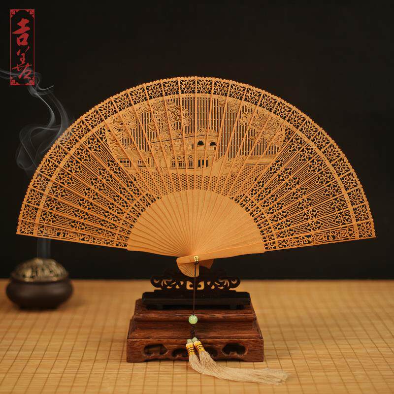 吉善扇子古典镂空檀木折扇礼品扇复古印度檀香扇文玩珍藏工艺品扇