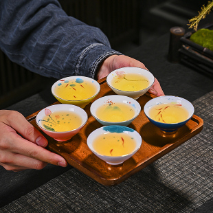 手绘品茗杯 功夫茶具主人杯单杯子 陶瓷斗笠杯 白瓷小茶杯6个套装