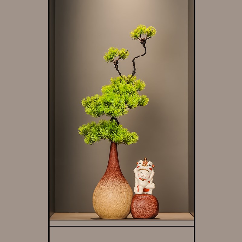 现代新中式高级陶瓷细长高花瓶入户玄关摆件客厅迎客松花艺装饰品