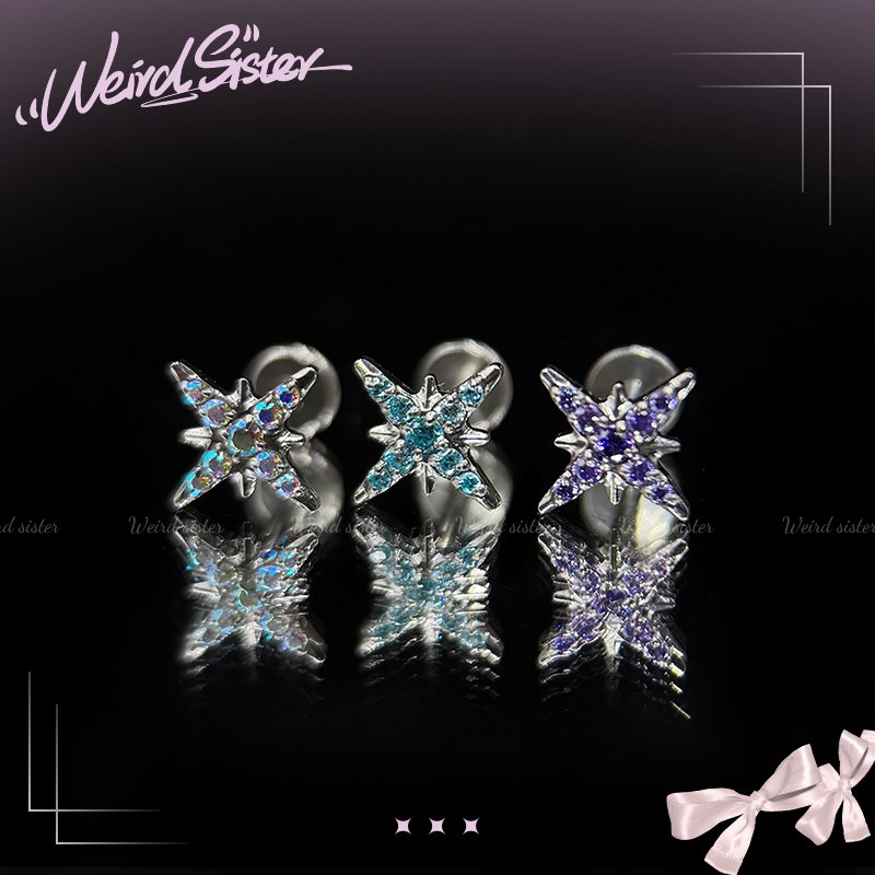 F136钛合金八芒星超闪满钻北极星耳钉耳骨钉内螺纹养耳小众轻奢