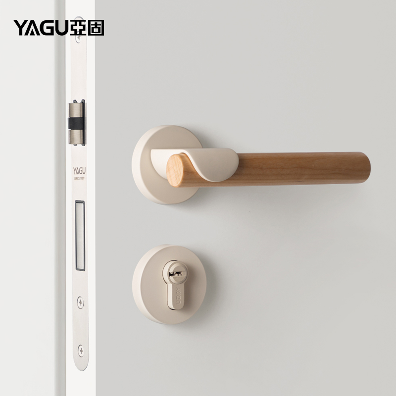 亚固现代门锁米色樱桃木门把手室内卧室房门锁简约北欧实木门锁
