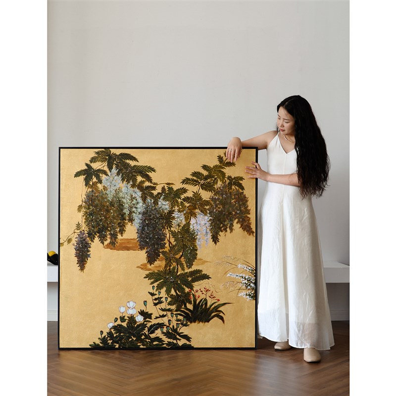 栖象法式客厅挂画紫藤花中古装饰壁画手绘金箔客厅装饰画