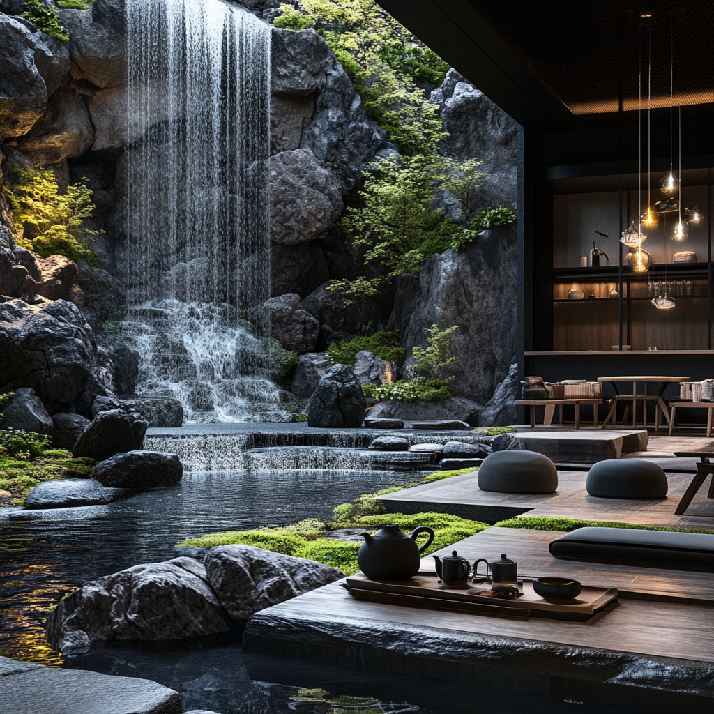 品修仿真流水瀑布景观装置装饰摆件现代简约造型假山石景观道具