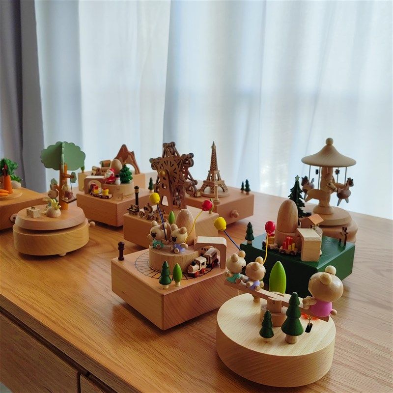 木质音乐盒创意diy旋转木马木制摆件儿童益智玩具生日礼物八音盒