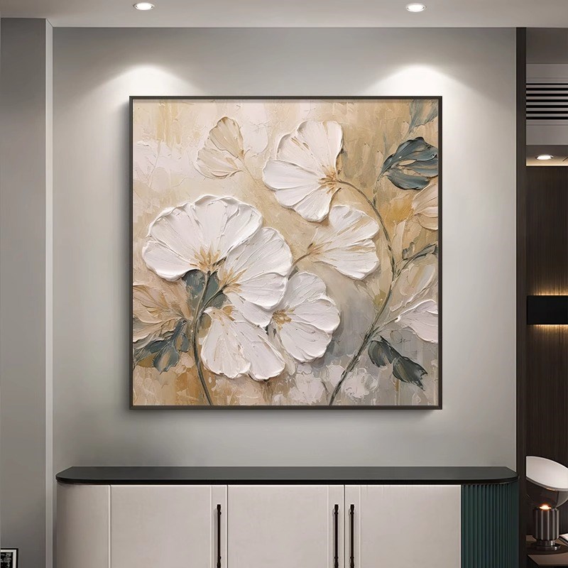 花卉高级感大芬村手绘油画银杏叶餐厅装饰画方形立体肌理玄关挂画图片