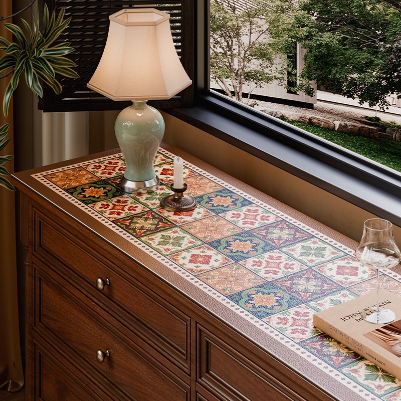 糖仙棕美拉德复古皮革桌面垫电视柜化妆台防水餐边柜书桌垫高级感