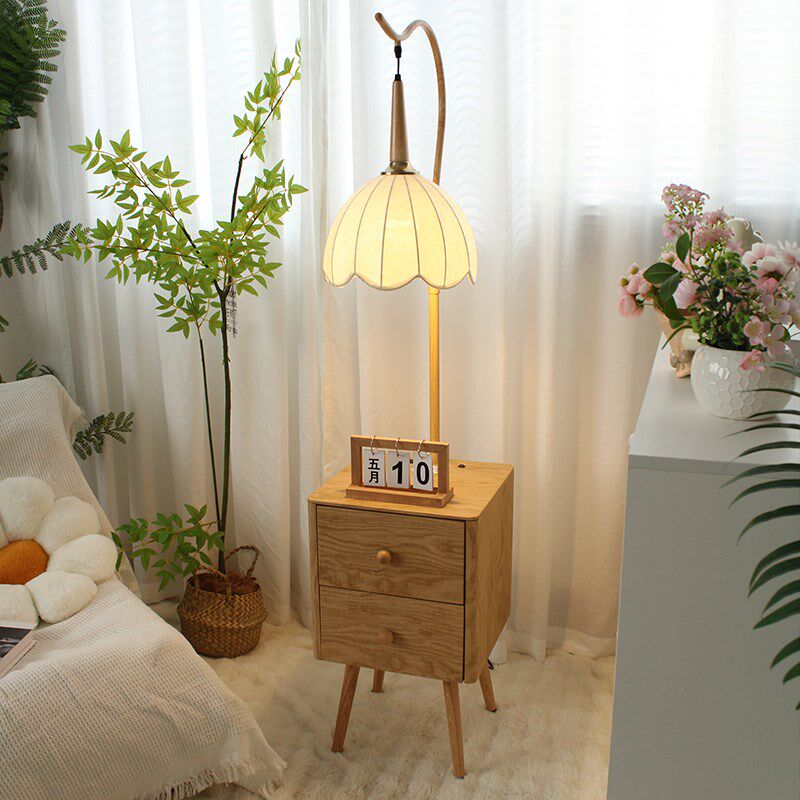 奶油原木风卧室置物架落地灯沙发边几茶几床头柜一体客厅装饰台灯