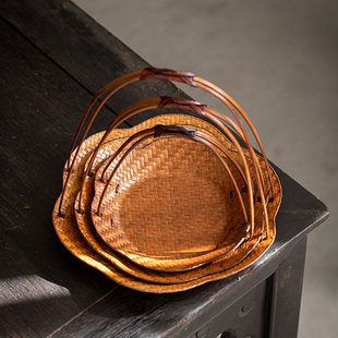 茶点盘精致轻奢中式禅意茶店茶室小吃点心碟高脚果盘手提竹编果篮