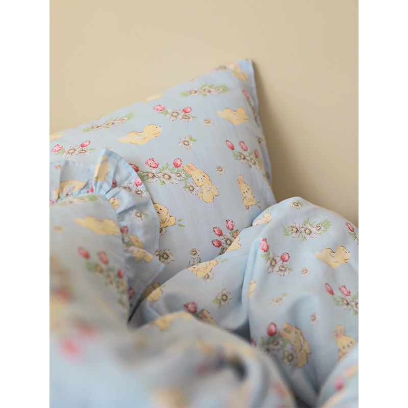 卖花小矮兔  蓝色卡通纯棉双层纱碎花少女宿舍床单被套床笠单件,床上用品,床笠,淘宝优惠券,粉丝福利购,淘宝优惠卷