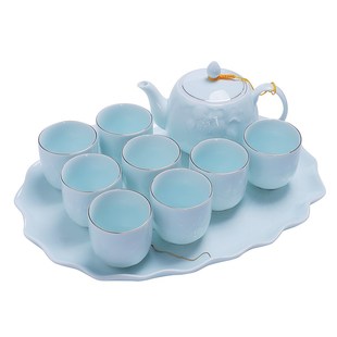 2024新款 小清新描金荷韵青瓷茶具套装 大容量茶壶茶杯家用陶瓷茶盘