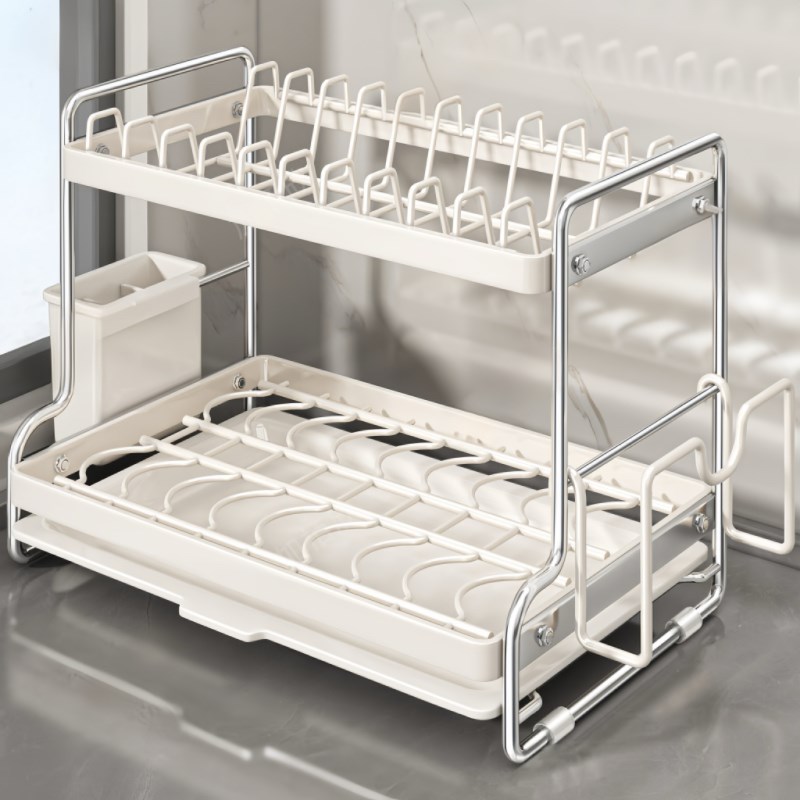 厨房免打孔碗架沥水架三层可伸缩家用窄款小空间碗筷碟一体收纳