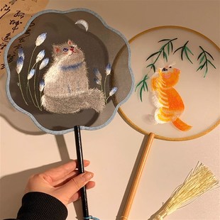古风苏绣猫咪团扇女便携随身舞蹈汉服旗袍家用夏天长柄扇子国风