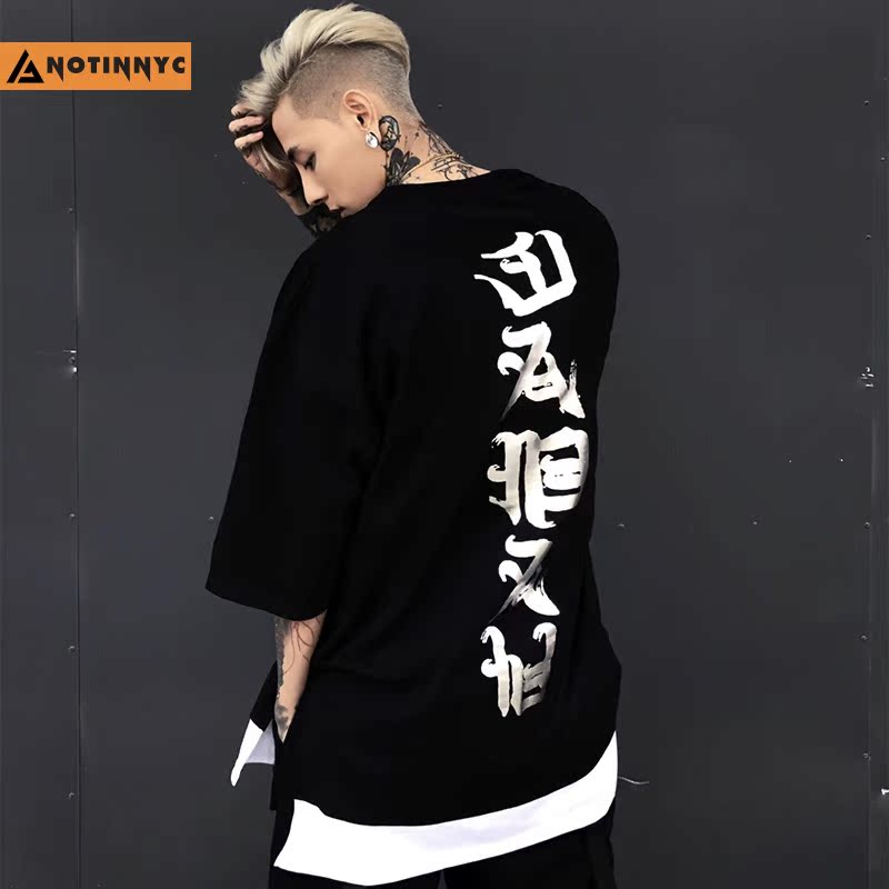 SABBAH x 国潮当道 17SS 烫金银恶灵系列假两件短袖男女tee五分袖
