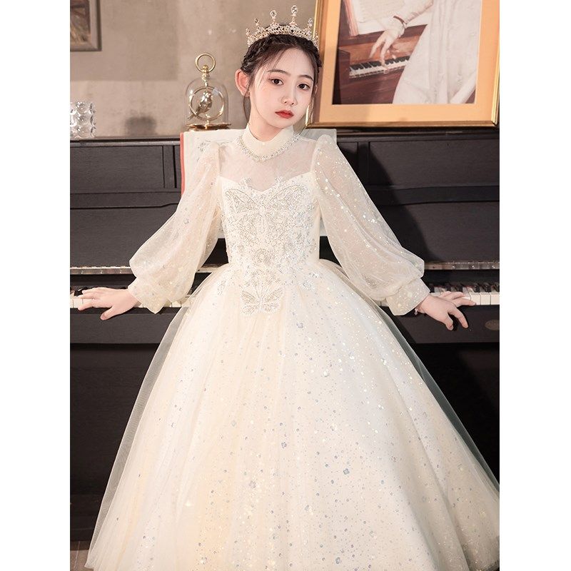 香槟色女童礼服长袖小女孩生日花童婚纱儿童主持人钢琴演出服秋冬,童装/婴儿装/亲子装,儿童礼服,淘宝优惠券,粉丝福利购,淘宝优惠卷