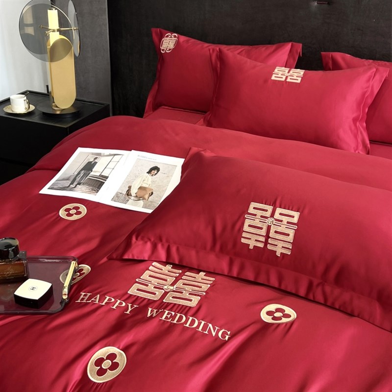 高档结婚床上用品四件套婚庆大红色婚嫁床单新婚被套婚房婚礼出嫁